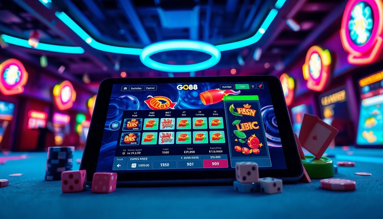 Exciting gaming scene with digital device showcasing dittytalk.com, vibrant colors, and game icons.