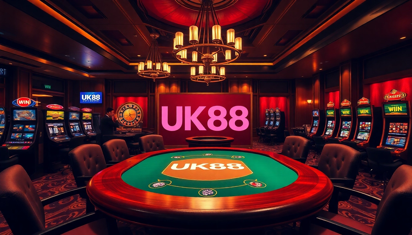 Exciting casino scene at UK88 with poker tables, roulette wheel, and vibrant players.