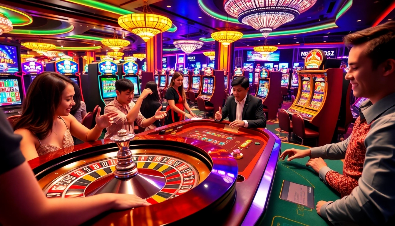 Players enjoying exciting games at 123b casino, engaging with roulette and slot machines.