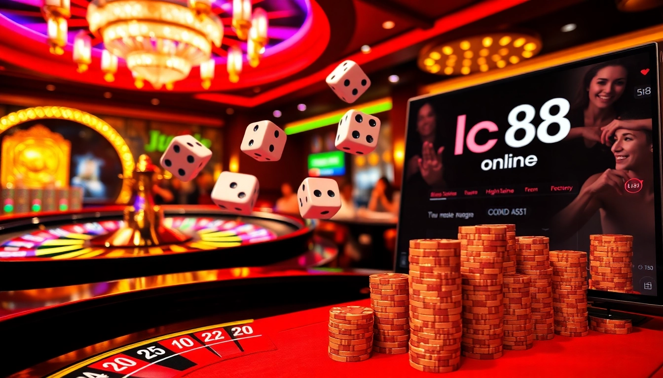 Engaging players at lc88 betting on roulette and poker at a luxurious online casino.