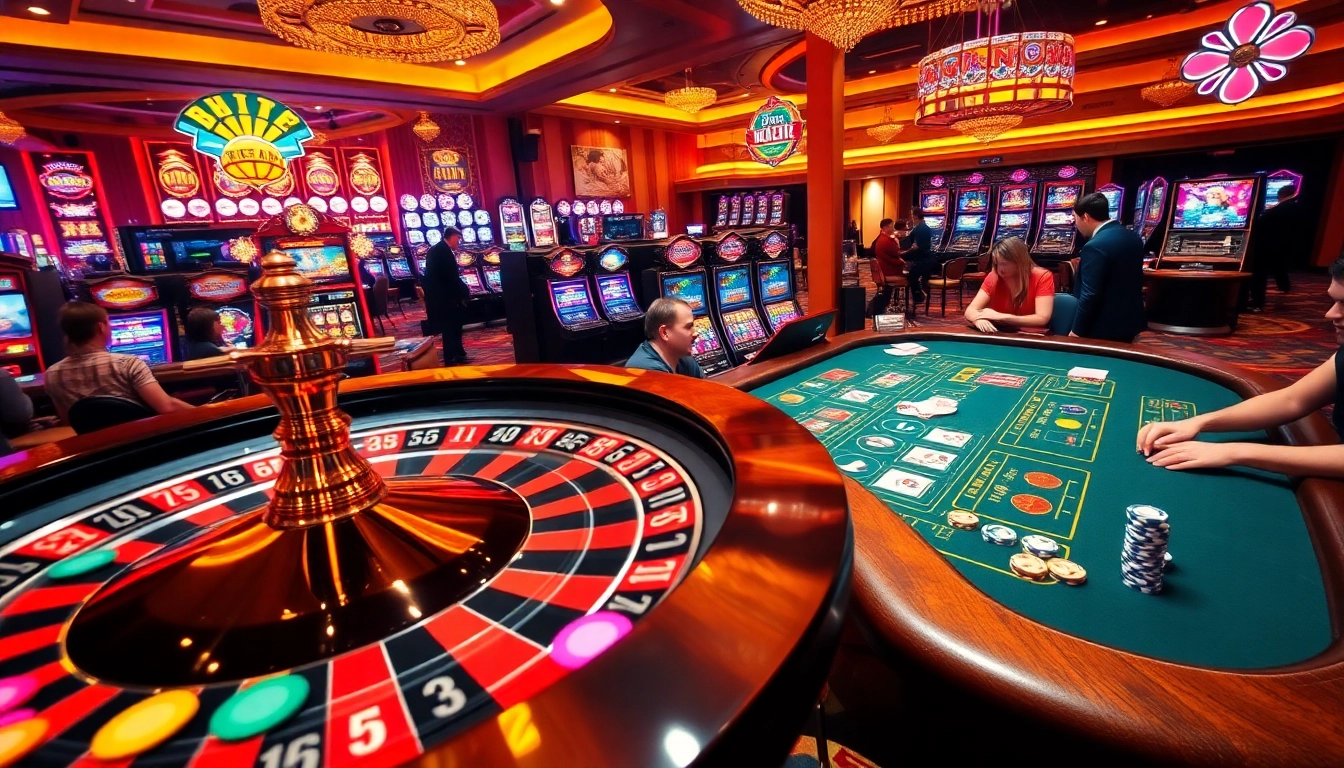 Engaging casino scene showing excitement at ee88win.net with players at roulette and poker tables.