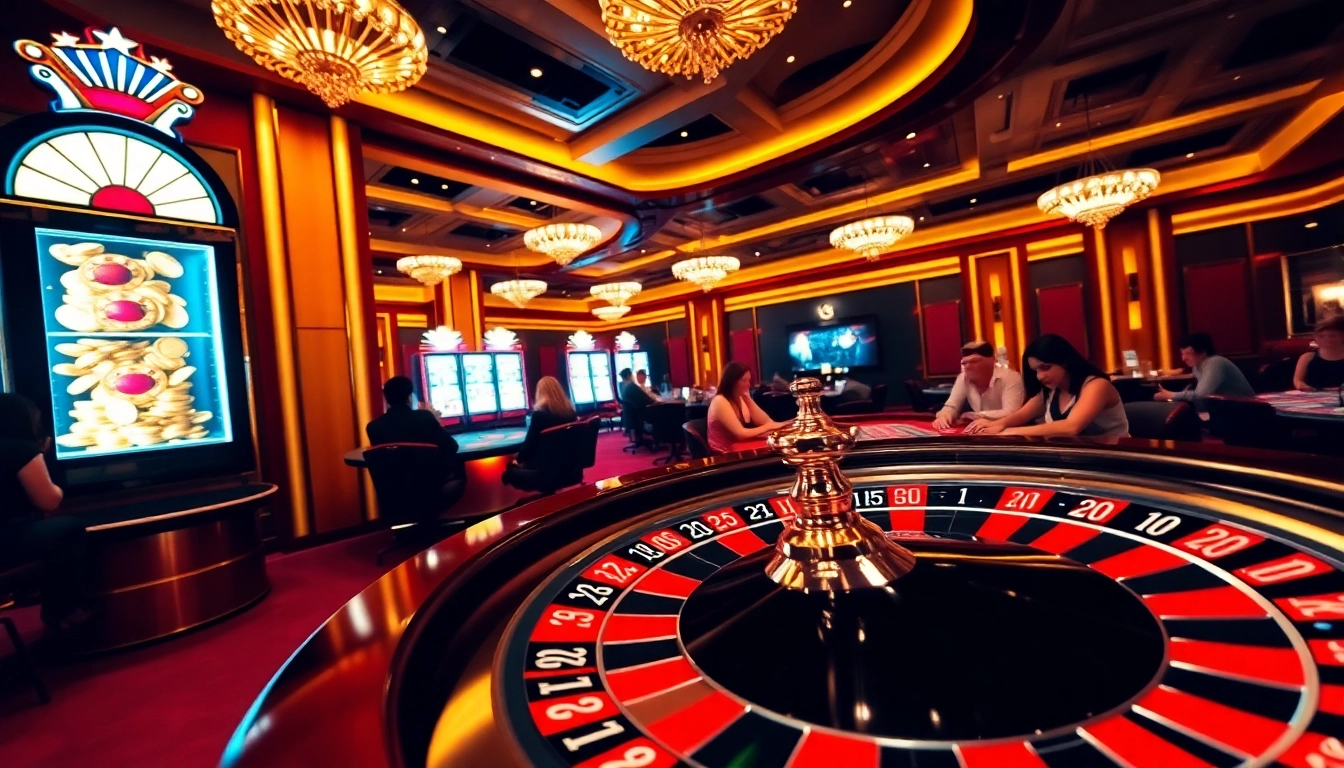 KP88 immersive casino scene with players at poker tables and a vibrant roulette wheel.