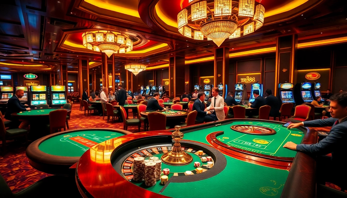 Gameplay scene at a luxurious casino featuring tr88 poker chips and vibrant tables.