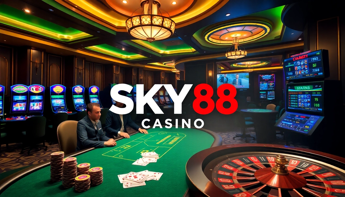 Experience thrilling action at SKY88 Casino with vibrant slot machines and poker games.