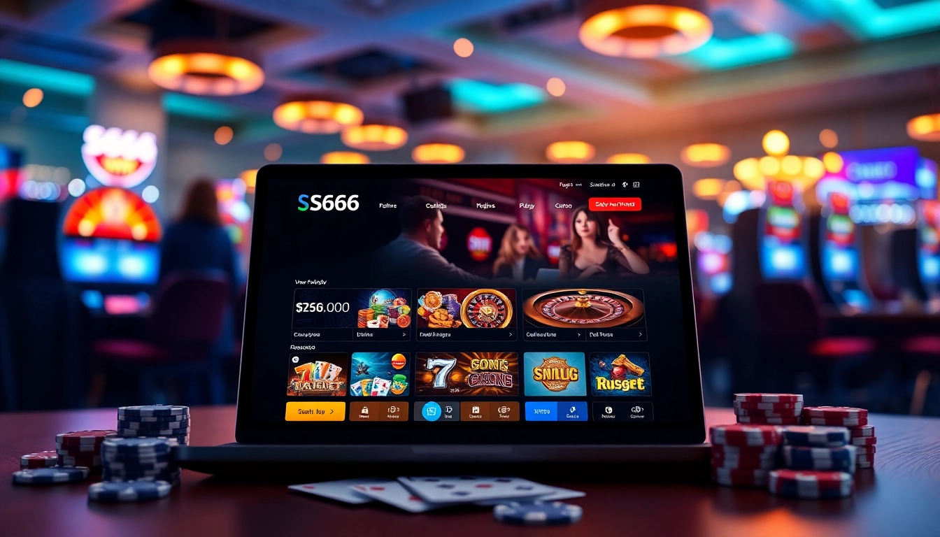 S666.nyc online gambling platform showcasing poker, roulette, and slots in a vibrant professional setting.