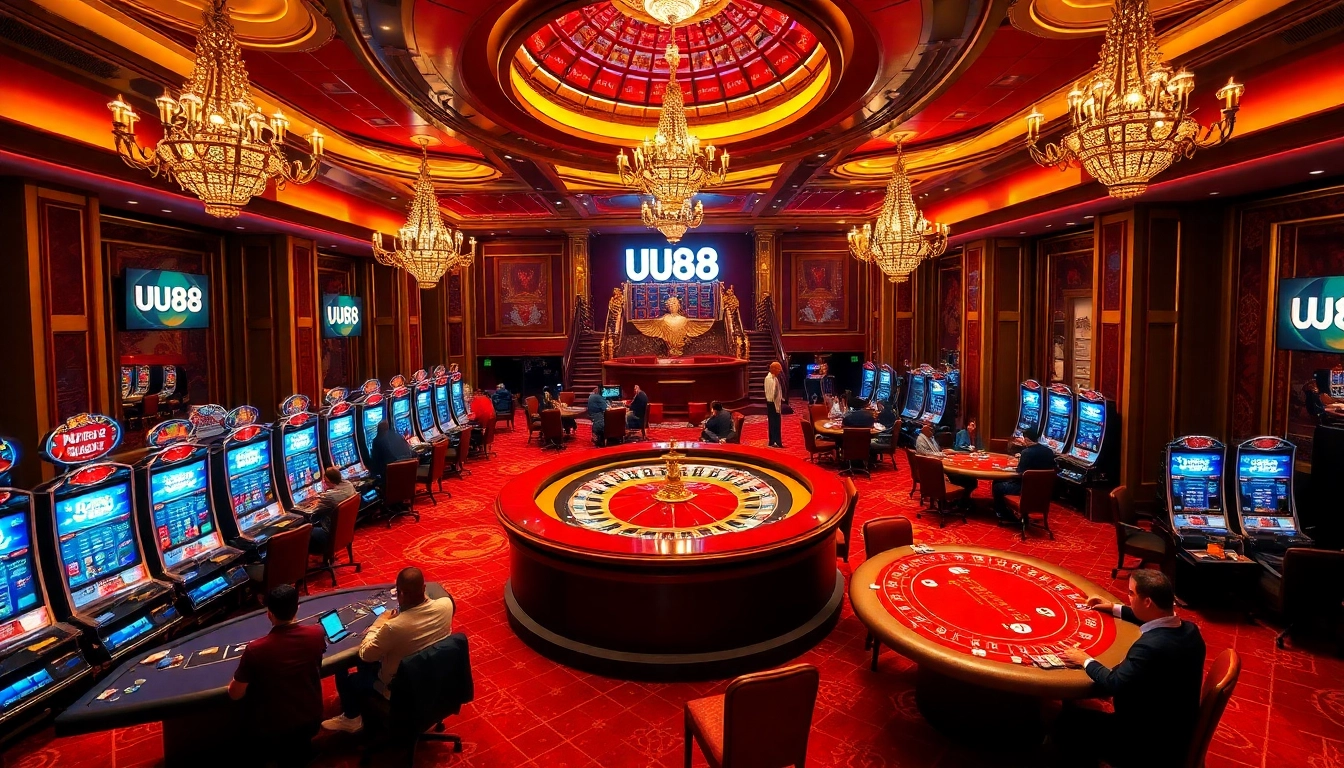 Experience the thrill of UU88 with players engaging at the glamorous casino tables.