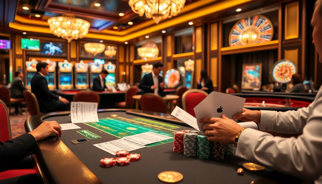Sophisticated scene of bettors analyzing nhan dinh keo nha cai odds at a luxurious casino, vibrant poker chips and betting slips visible.