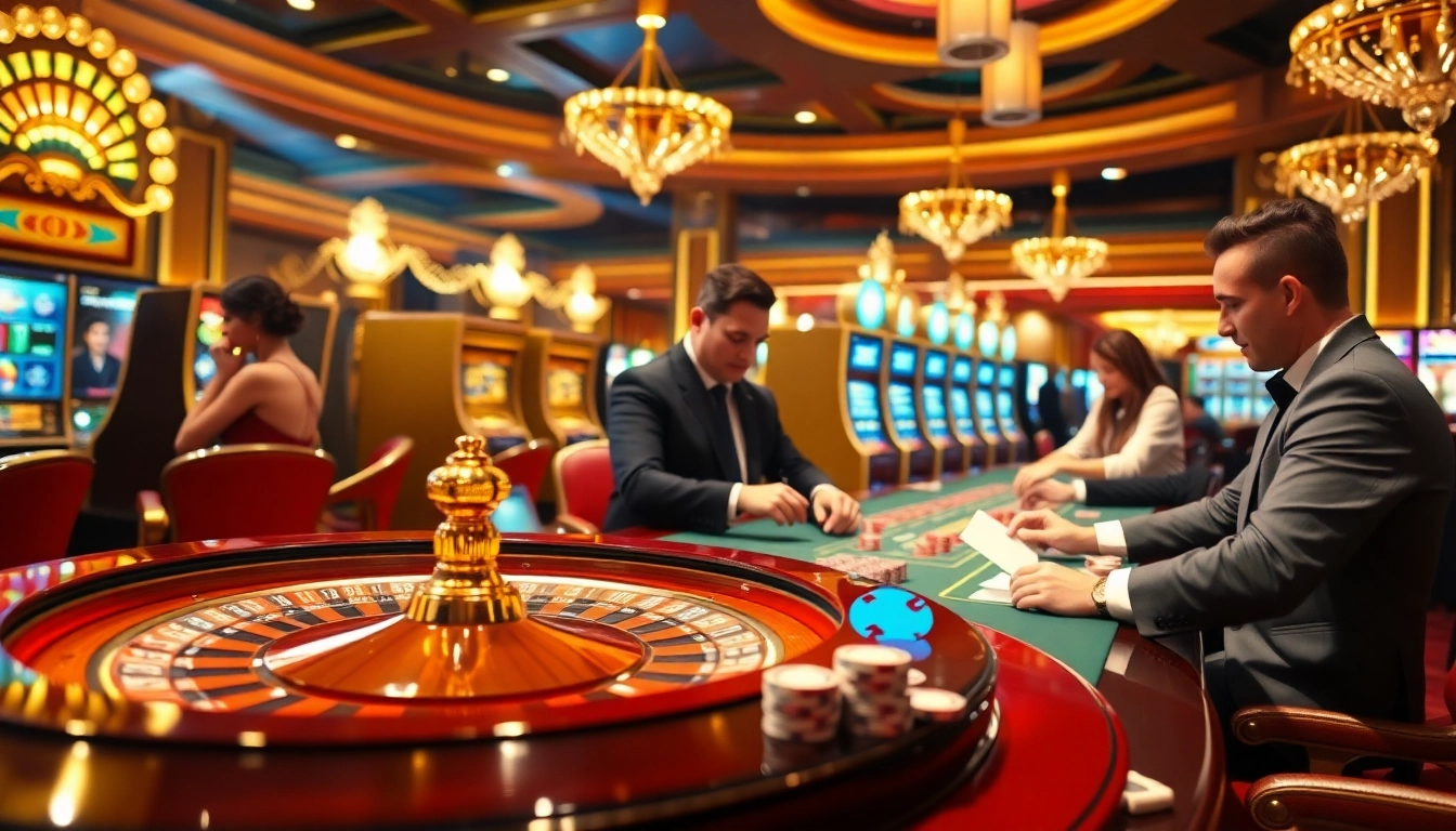 Exciting casino atmosphere with gamblers at the Oxbet roulette table and slot machines.