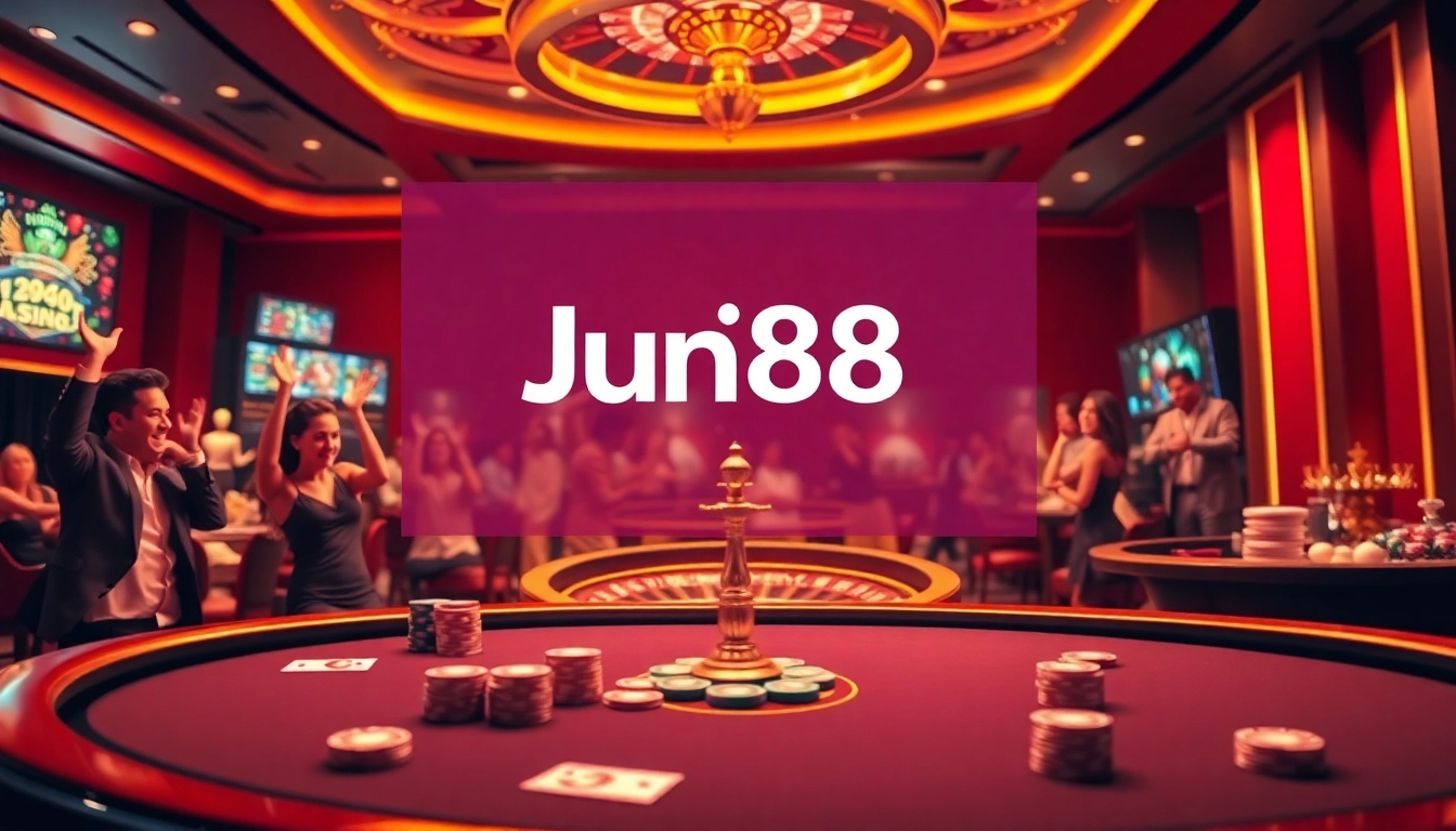 Jun88 casino scene featuring excited players at a poker table, celebrating wins.