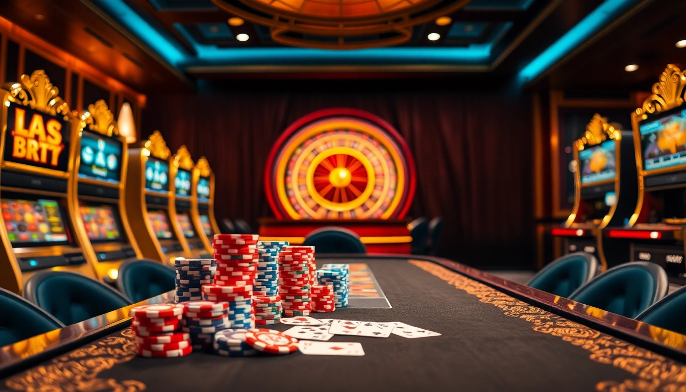 Place bets with confidence at link vào LUCKY88 in a stunning casino scene showcasing vibrant gaming tables and luxurious slot machines.